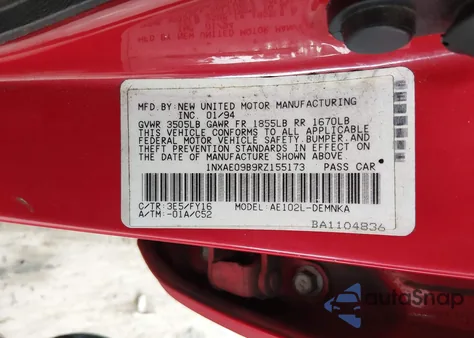 1994 Toyota Corolla Le/Dx from USA, damaged, VIN 1NXAE09B9RZ155173